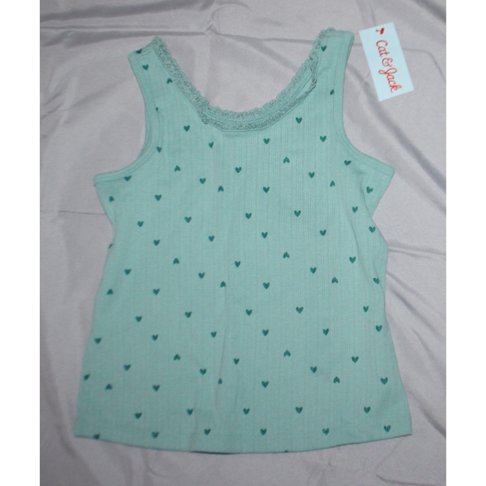 Cat & Jack girls' ribbed tank top in ocean green heart pattern Size XS 4-5
